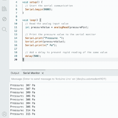 Successfully receiving real time pressure data on the Serial Monitor.