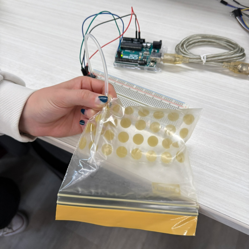 Placing the other end
          of the air pipe into a zip bag and testing the pressure changes by
          inflating the bag with air.